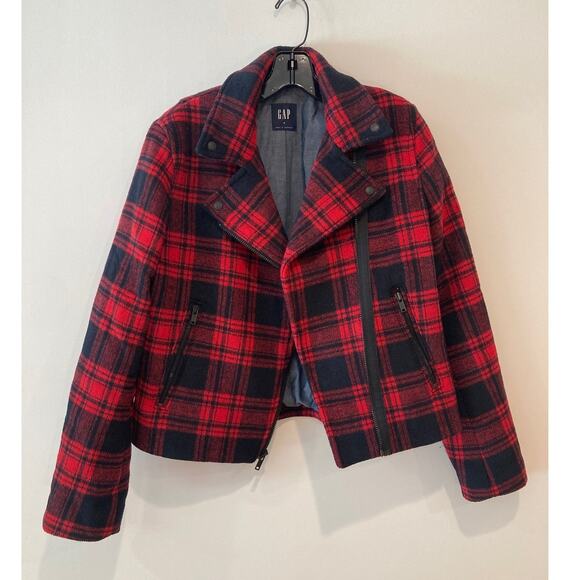 Gap Black & Red Check Buffalo Plaid 90s Inspo Wool Moto Biker Jacket ~ Sz M - Picture 5 of 12
